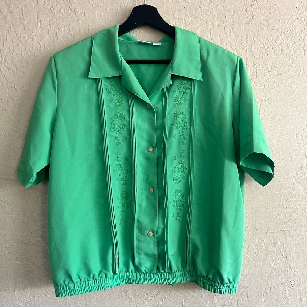 Vintage Haband Green Short Sleeve Blouse with Embroidered Logo